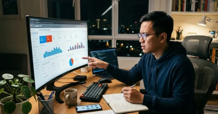 Pria memeriksa performa iklan Google untuk mencari penyebab hasil campaign tidak maksimal.