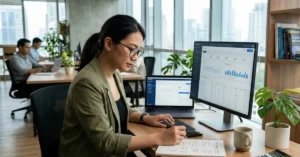 Wanita memeriksa data performa iklan Facebook untuk mencari penyebab iklan tidak menghasilkan penjualan.