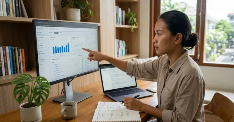 Wanita memantau performa keyword dan ranking website untuk memahami cara kerja SEO bisnis.