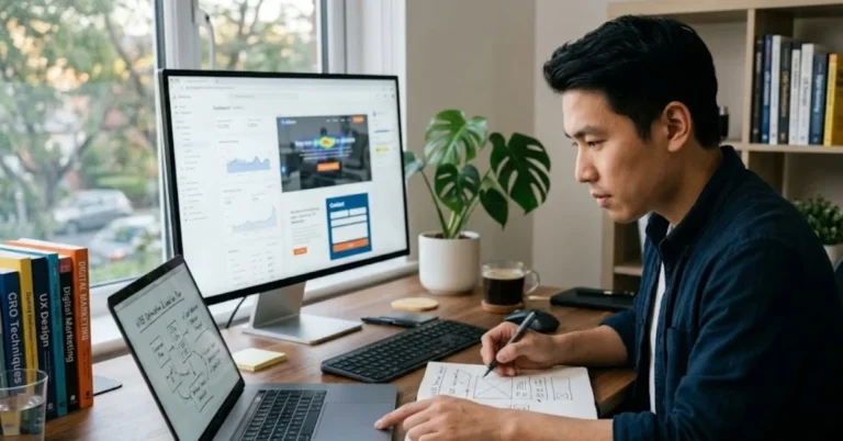Pria mengevaluasi tampilan website dan alur halaman untuk mencari penyebab leads tidak masuk.