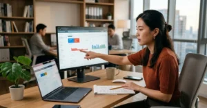 Wanita memeriksa data performa website untuk mencari penyebab halaman tidak muncul di Google.