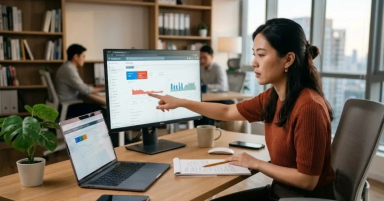 Wanita memeriksa data performa website untuk mencari penyebab halaman tidak muncul di Google.