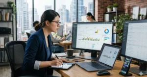 Seorang marketer memantau biaya Google Ads dan performa iklan melalui dashboard di beberapa layar komputer.