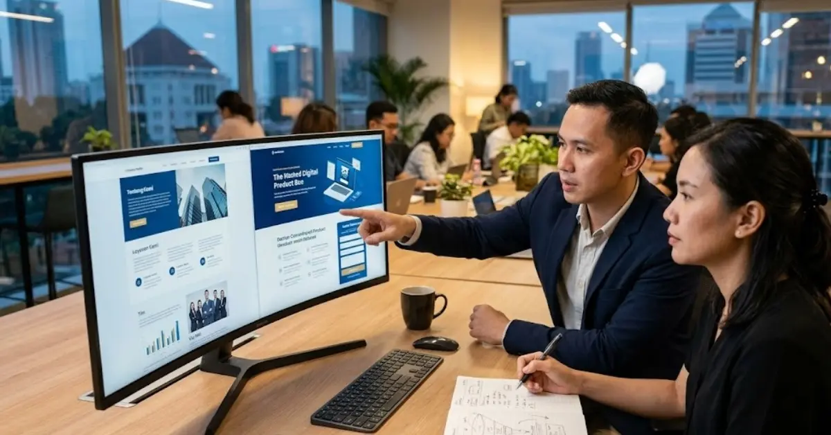 Tim bisnis membahas tampilan website untuk memilih company profile atau landing page.