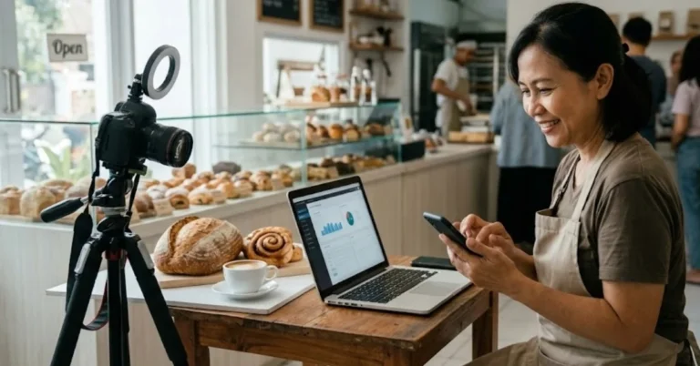 Pemilik UMKM mengelola promosi digital dan konten bisnis untuk pemasaran online.
