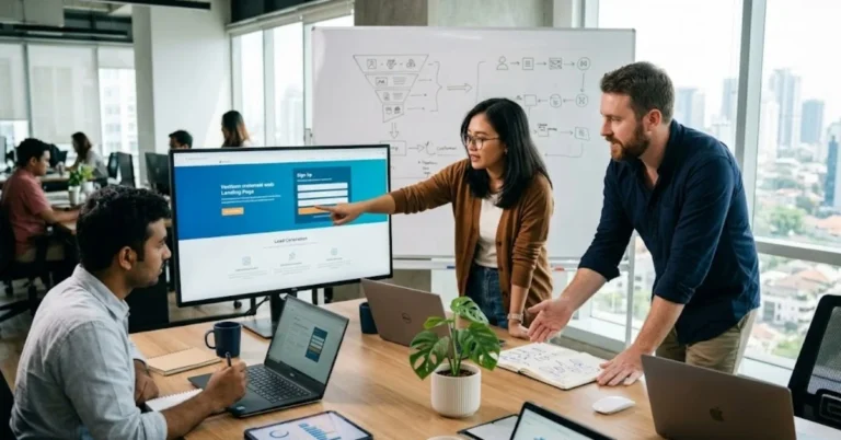 Tim membahas tampilan landing page untuk meningkatkan leads dan penjualan bisnis secara online.