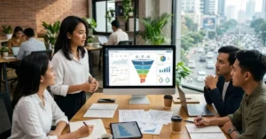 Tim bisnis membahas funnel marketing website dari pengunjung hingga proses penjualan.