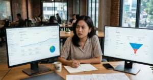 Pemilik bisnis memeriksa data website dan konversi rendah untuk evaluasi pemasaran digital.