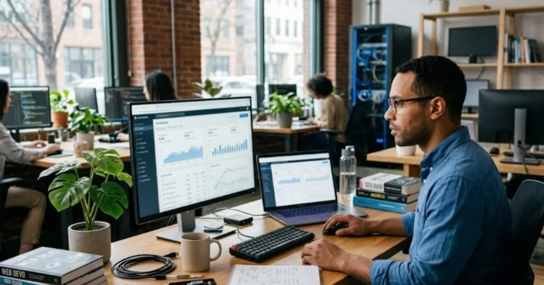 Pria memantau performa website dan data sistem untuk memastikan website bisnis tetap berjalan normal.