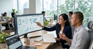 Tim digital marketing membahas strategi backlink untuk meningkatkan performa website bisnis.