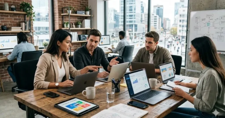 Tim digital marketing berdiskusi sambil melihat data dan strategi bisnis di layar laptop dan tablet.