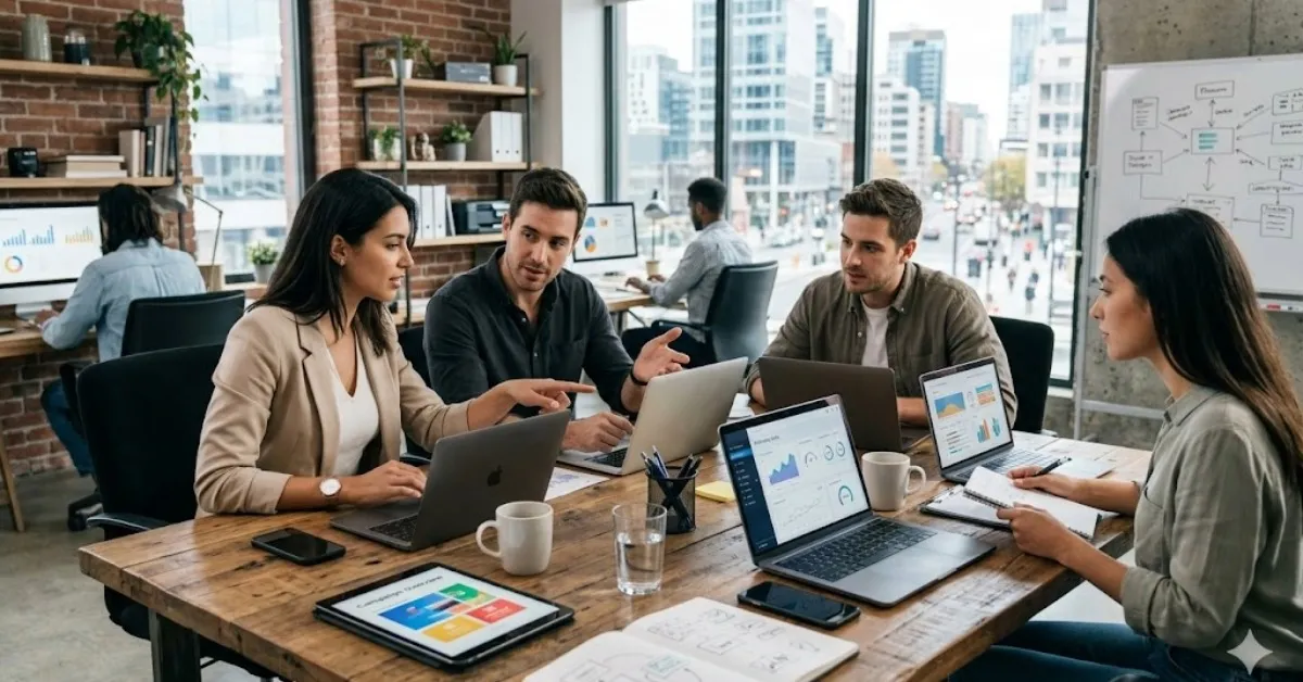 Tim digital marketing berdiskusi sambil melihat data dan strategi bisnis di layar laptop dan tablet.