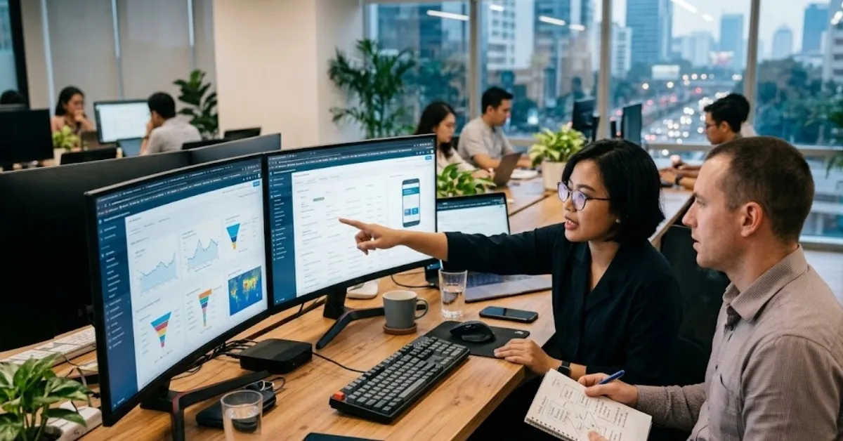 Tim mengelola website bisnis dengan memantau data, performa, dan pengembangan secara rutin.