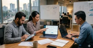 Tim bisnis berdiskusi tentang desain website, performa halaman, dan pengalaman pengguna untuk kebutuhan bisnis online.