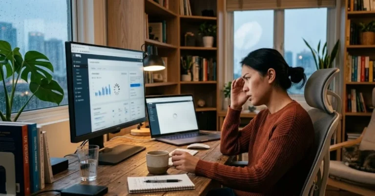 Wanita menunggu loading website di komputer sambil mencari penyebab performa website yang lambat.