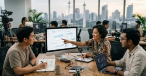 Tim pemasaran menganalisis data kampanye digital untuk meningkatkan konten dan performa iklan.