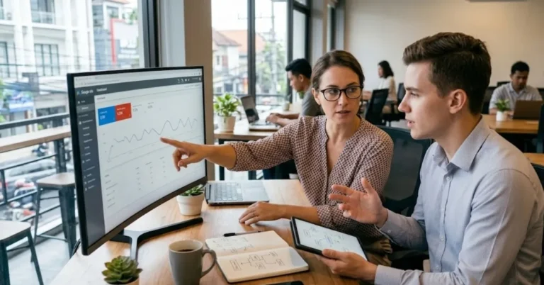 Dua orang menganalisis data Google Ads untuk meningkatkan efisiensi iklan bisnis kecil.