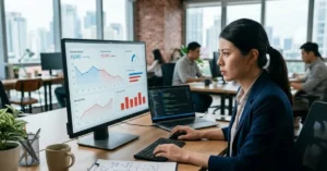 Seseorang menganalisis grafik traffic dan performa website untuk mengevaluasi kebutuhan audit website.