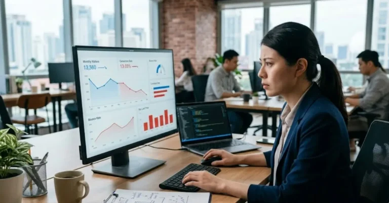 Seseorang menganalisis grafik traffic dan performa website untuk mengevaluasi kebutuhan audit website.