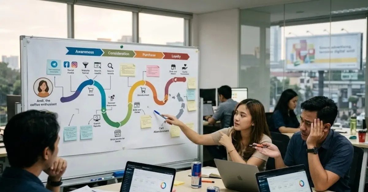 Tim marketing membahas customer journey untuk memahami proses pelanggan sebelum melakukan pembelian.