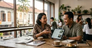 Dua orang membahas konten bisnis untuk membangun kepercayaan pelanggan sebelum melakukan penjualan.