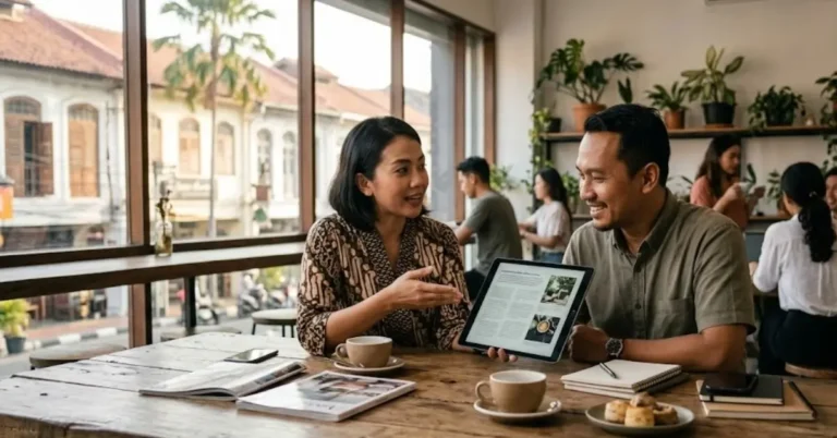Dua orang membahas konten bisnis untuk membangun kepercayaan pelanggan sebelum melakukan penjualan.