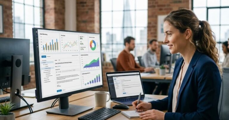 Seseorang menganalisis performa email marketing untuk menilai efektivitas kampanye dan hasil pemasaran bisnis saat ini.