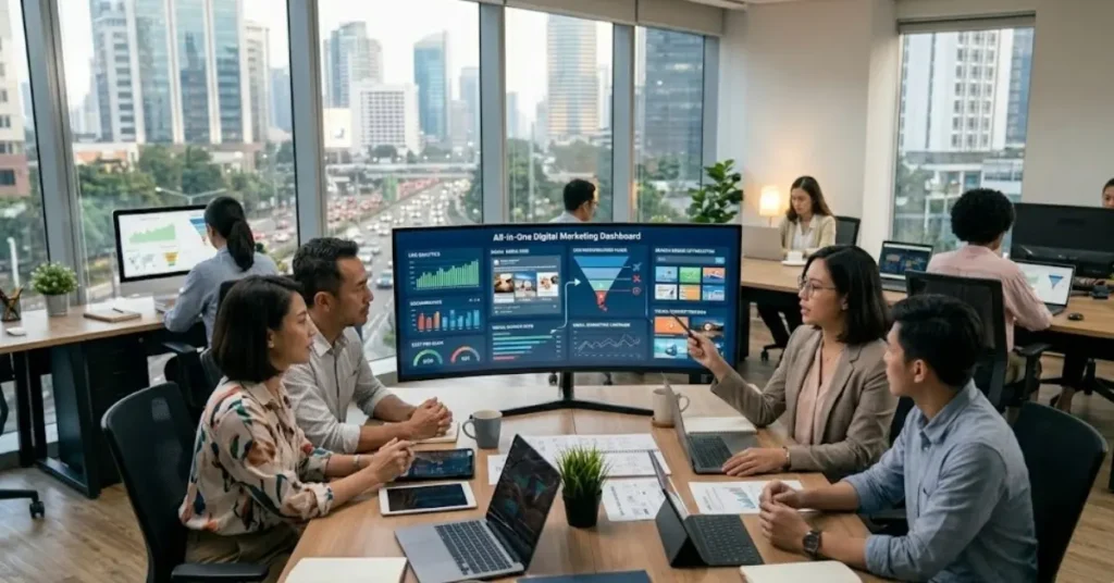 Tim digital marketing membahas strategi, data kampanye, dan performa pemasaran dalam satu dashboard.