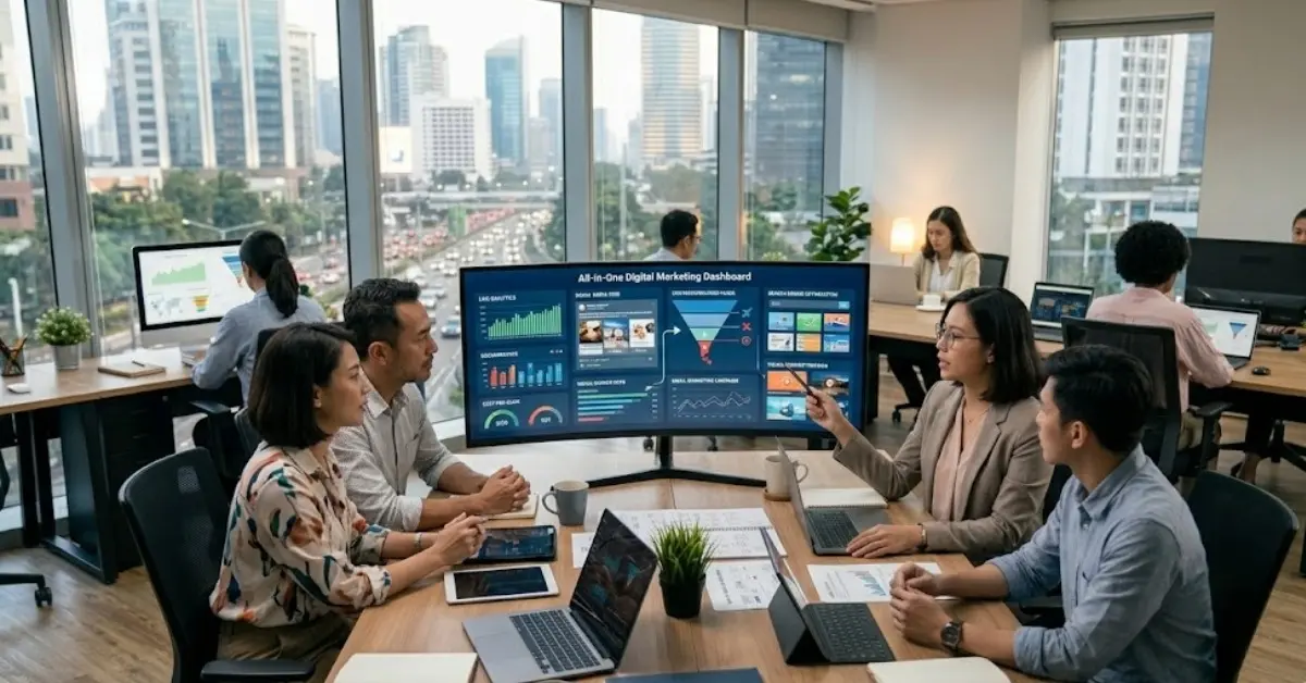Tim digital marketing membahas strategi, data kampanye, dan performa pemasaran dalam satu dashboard.