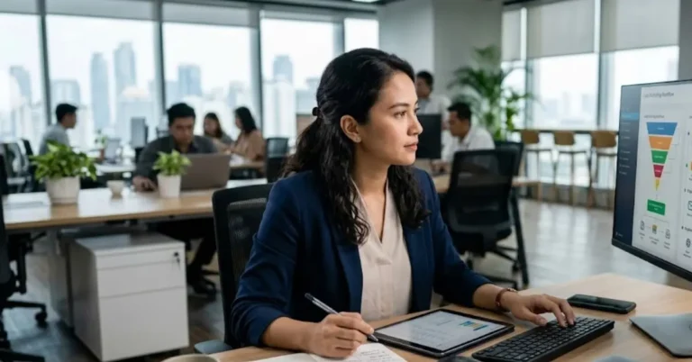 Seseorang memantau data prospek untuk menjalankan lead nurturing agar calon pelanggan siap melakukan pembelian.