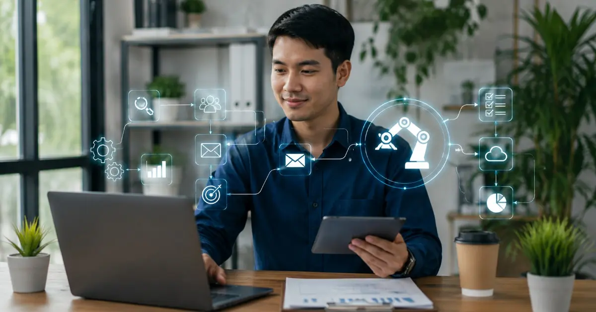 Ilustrasi sistem marketing automation yang membantu bisnis mengelola pemasaran, pelanggan, dan tugas secara lebih efisien.