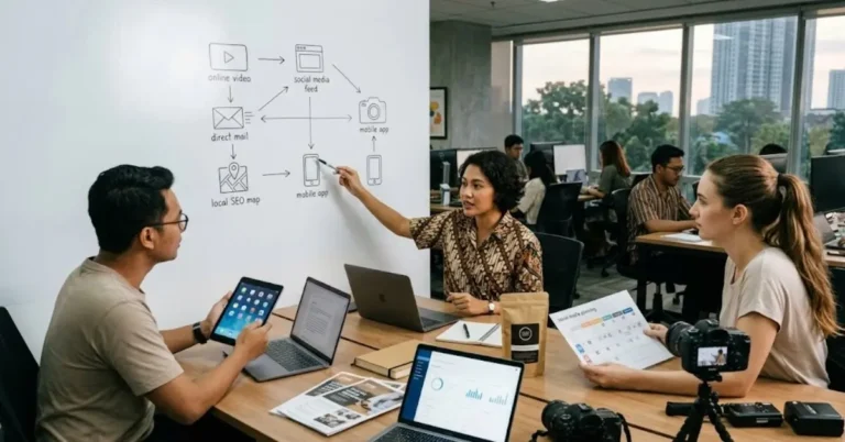 Tim pemasaran berdiskusi memilih channel marketing yang sesuai dengan target dan jenis bisnis.