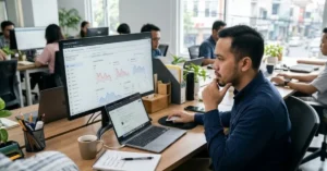 Seseorang menganalisis Google Business Profile untuk mencari penyebab leads belum meningkat dari pencarian lokal.
