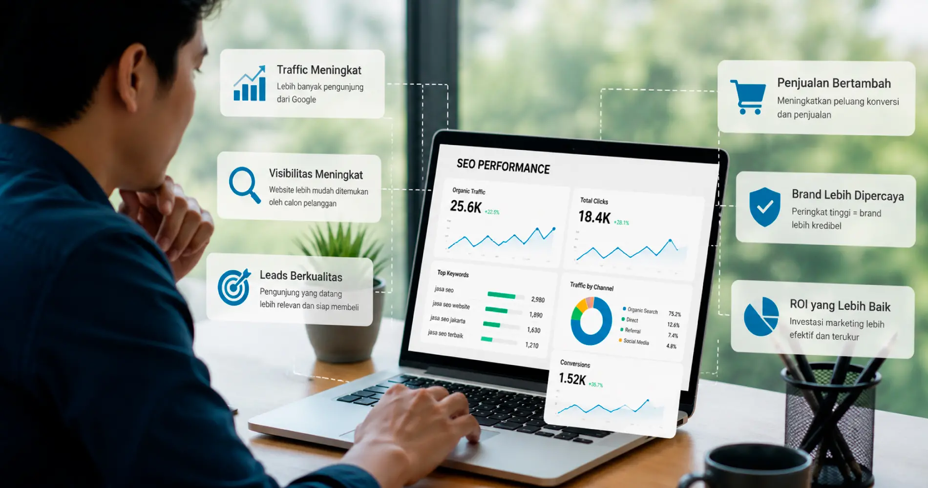 Business owner reviewing SEO performance dashboard showing website traffic, leads, and business growth results.