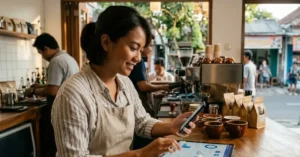 Pemilik usaha kecil memantau data pemasaran digital untuk meningkatkan brand awareness secara online.