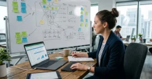 Seseorang menyusun strategi content marketing dengan peta konten dan data untuk mengukur hasil kampanye secara teratur.
