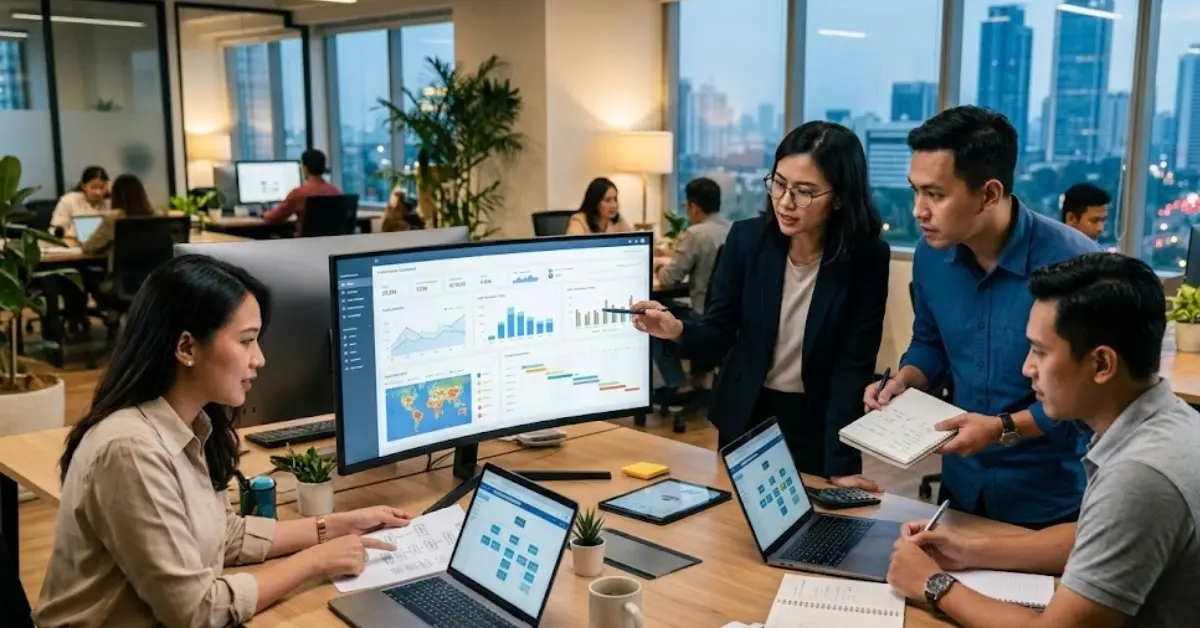 Tim profesional sedang berdiskusi mengenai data performa website di layar monitor kantor untuk keperluan jasa kelola.