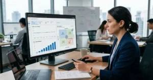 Spesialis SEO memantau data traffic website untuk mengevaluasi topical authority dan pertumbuhan organik.