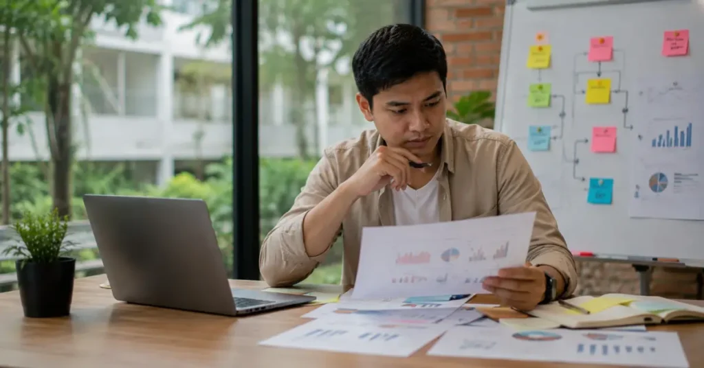 Seorang marketer meninjau laporan grafik dan data kampanye untuk mengukur ROI marketing dengan tracking yang tepat.
