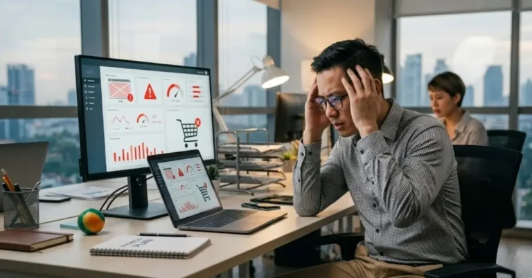 Seorang karyawan melihat error pada website yang mengganggu operasional dan berpotensi merugikan bisnis.