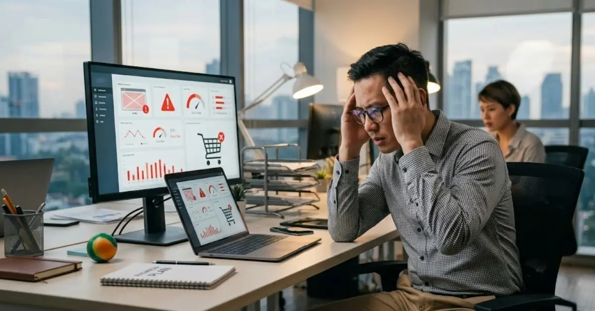 Seorang karyawan melihat error pada website yang mengganggu operasional dan berpotensi merugikan bisnis.