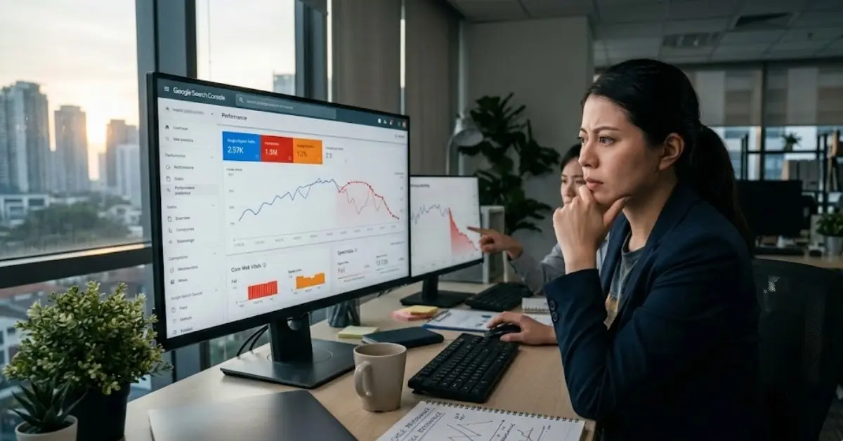 Tim memantau penurunan trafik dan metrik website untuk menemukan tanda performa menurun di Google.