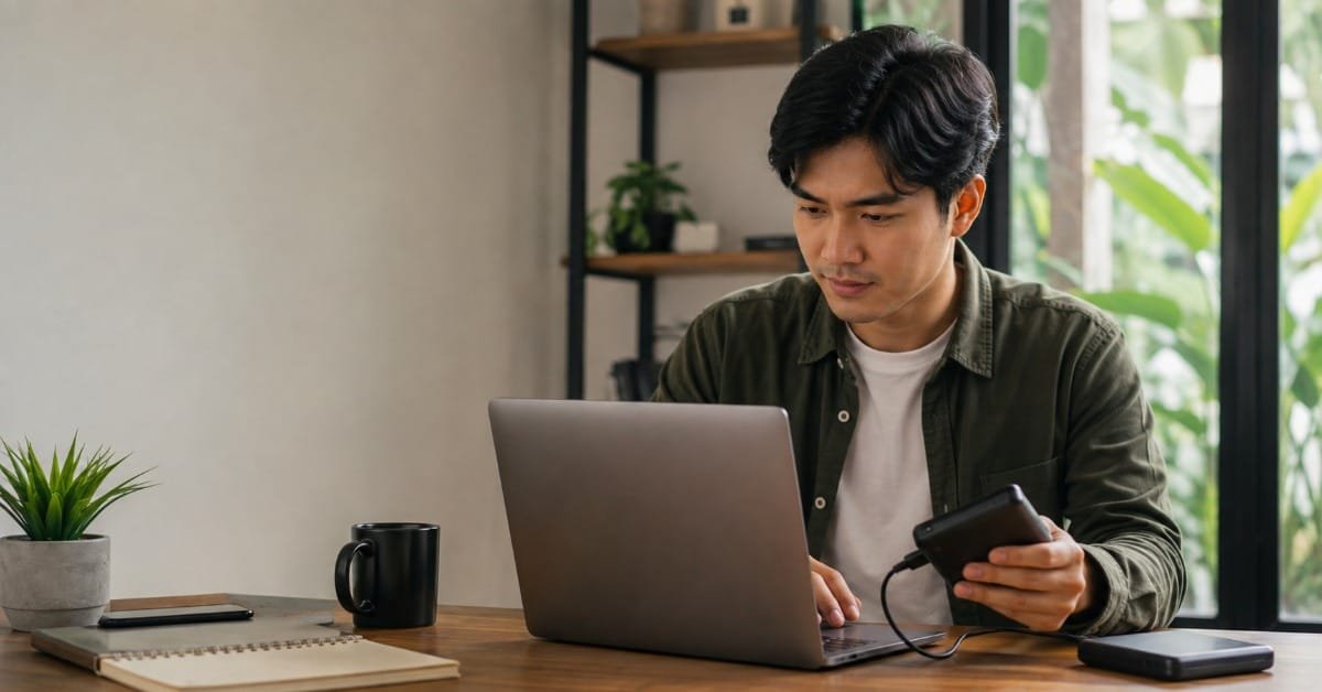 Seorang pria mencadangkan data laptop menggunakan perangkat penyimpanan eksternal untuk menjaga keamanan website bisnis.