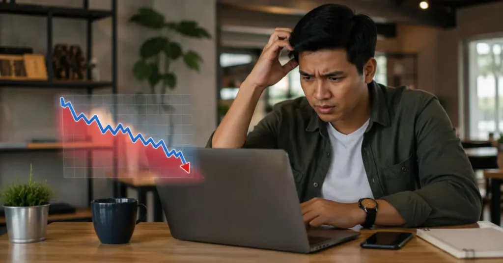 Seorang pemilik bisnis melihat grafik penurunan di laptop saat menganalisis penyebab bounce rate website tinggi.