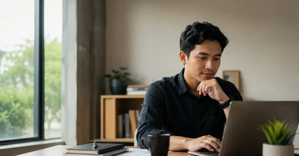 Seseorang mengevaluasi tampilan website di laptop untuk memastikan bisnis terlihat profesional dan lebih dipercaya pelanggan.