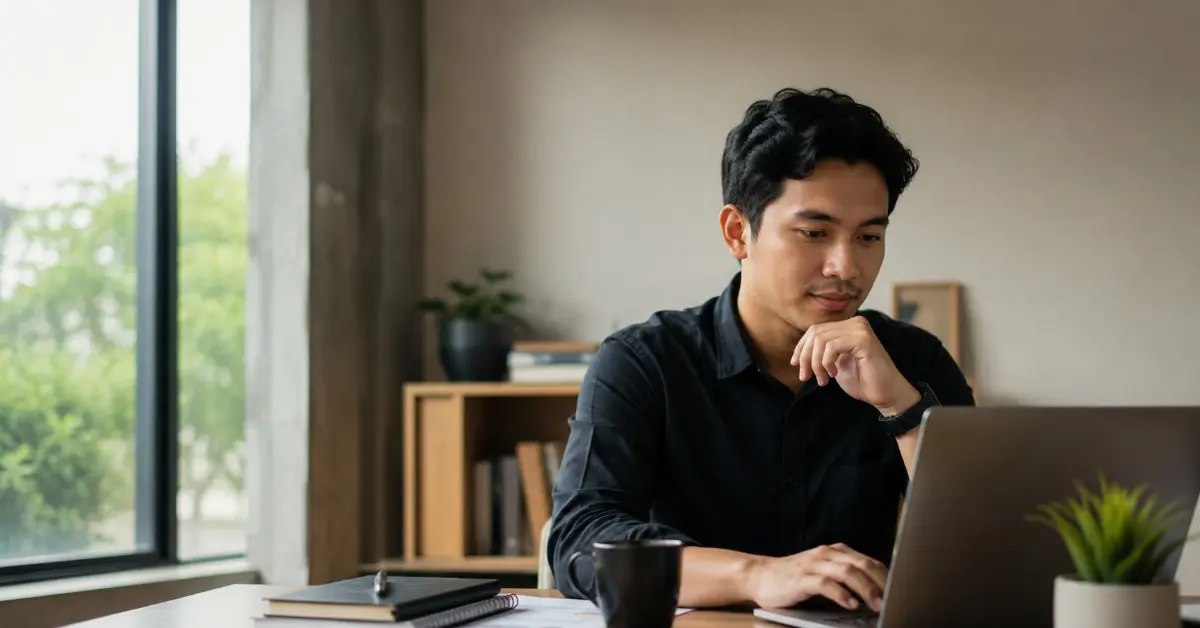 Seseorang mengevaluasi tampilan website di laptop untuk memastikan bisnis terlihat profesional dan lebih dipercaya pelanggan.