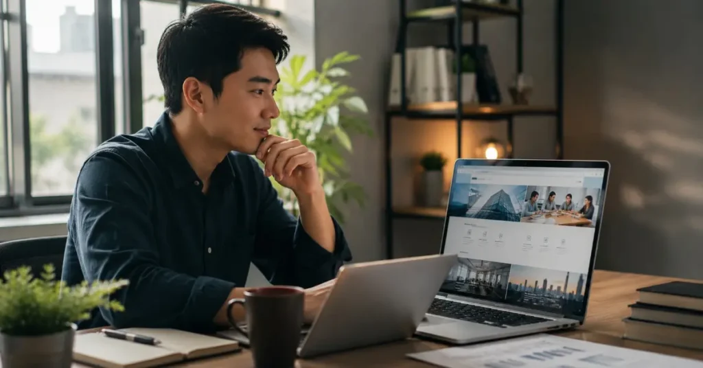 Seorang profesional meninjau halaman company profile, menunjukkan pentingnya struktur website untuk membangun kepercayaan calon klien.