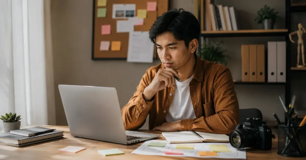 Pemilik bisnis meninjau laptop, catatan, dan kamera untuk merencanakan strategi content marketing yang sesuai kebutuhan bisnis.