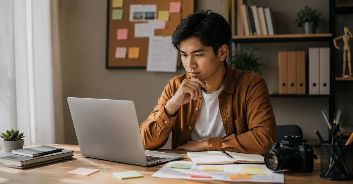 Pemilik bisnis meninjau laptop, catatan, dan kamera untuk merencanakan strategi content marketing yang sesuai kebutuhan bisnis.