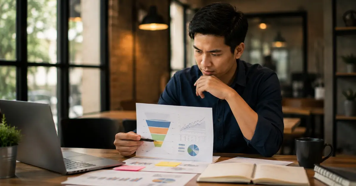 Seorang pria meninjau grafik penjualan dan funnel konversi untuk menemukan peluang peningkatan penjualan website.